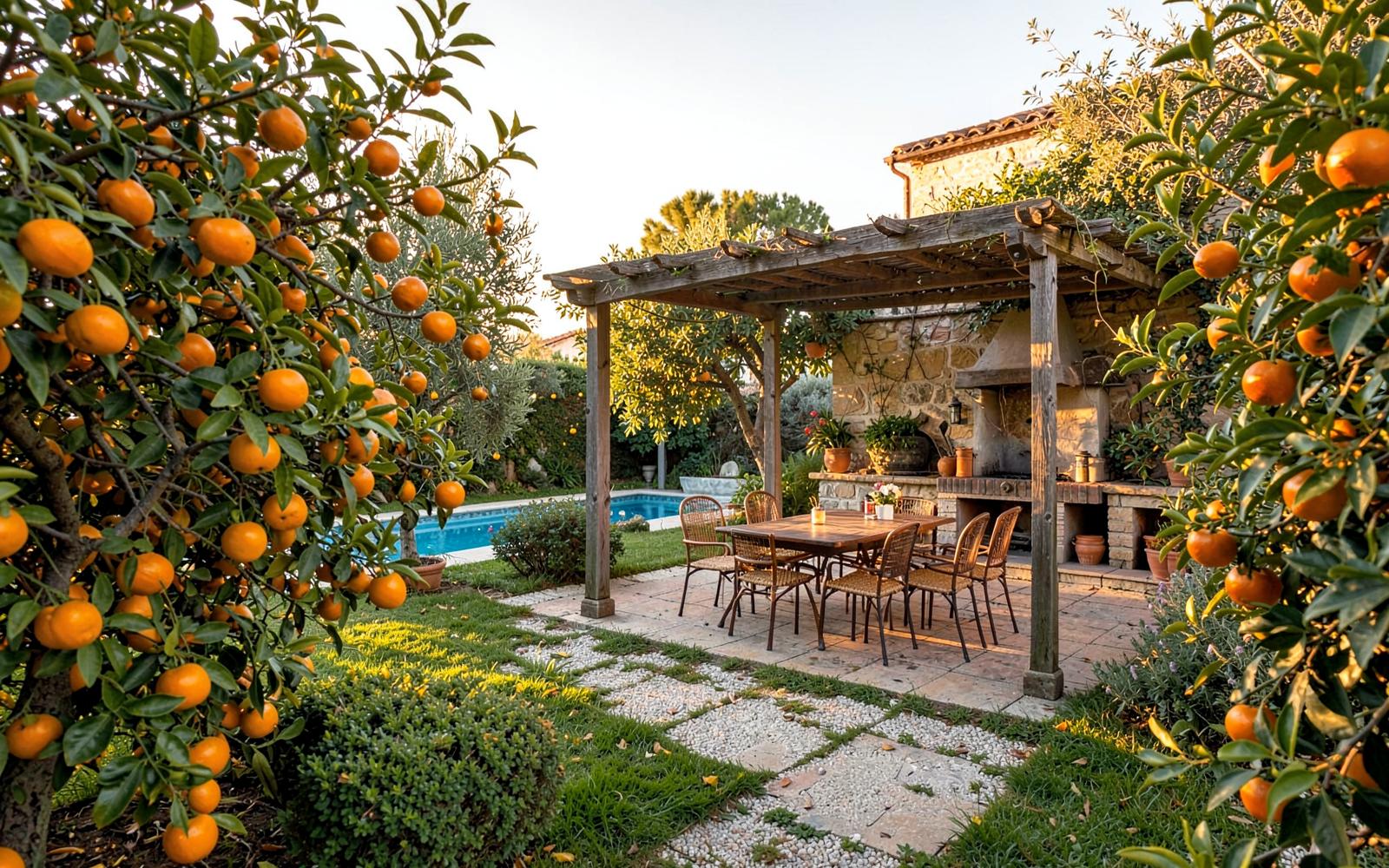 Tuin met sinaasappelbomen, buitenkeuken onder een pergola en zwembad